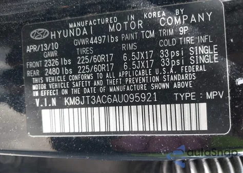 2010 Hyundai Tucson Gls from USA, damaged, VIN KM8JT3AC6AU095921